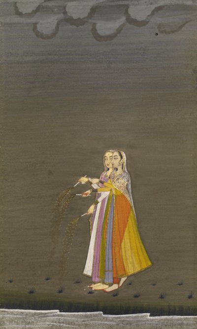 Dos chicas Nautch con bengalas junto a un arroyo en la noche del festival de Diwali, estilo Bikaner, 1790-1800 de Indian School